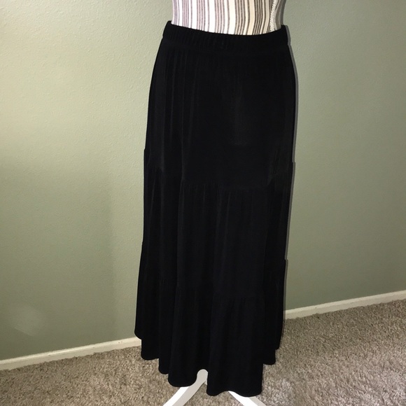 Chico’s, black maxi skirt, great stretch/give; flattering